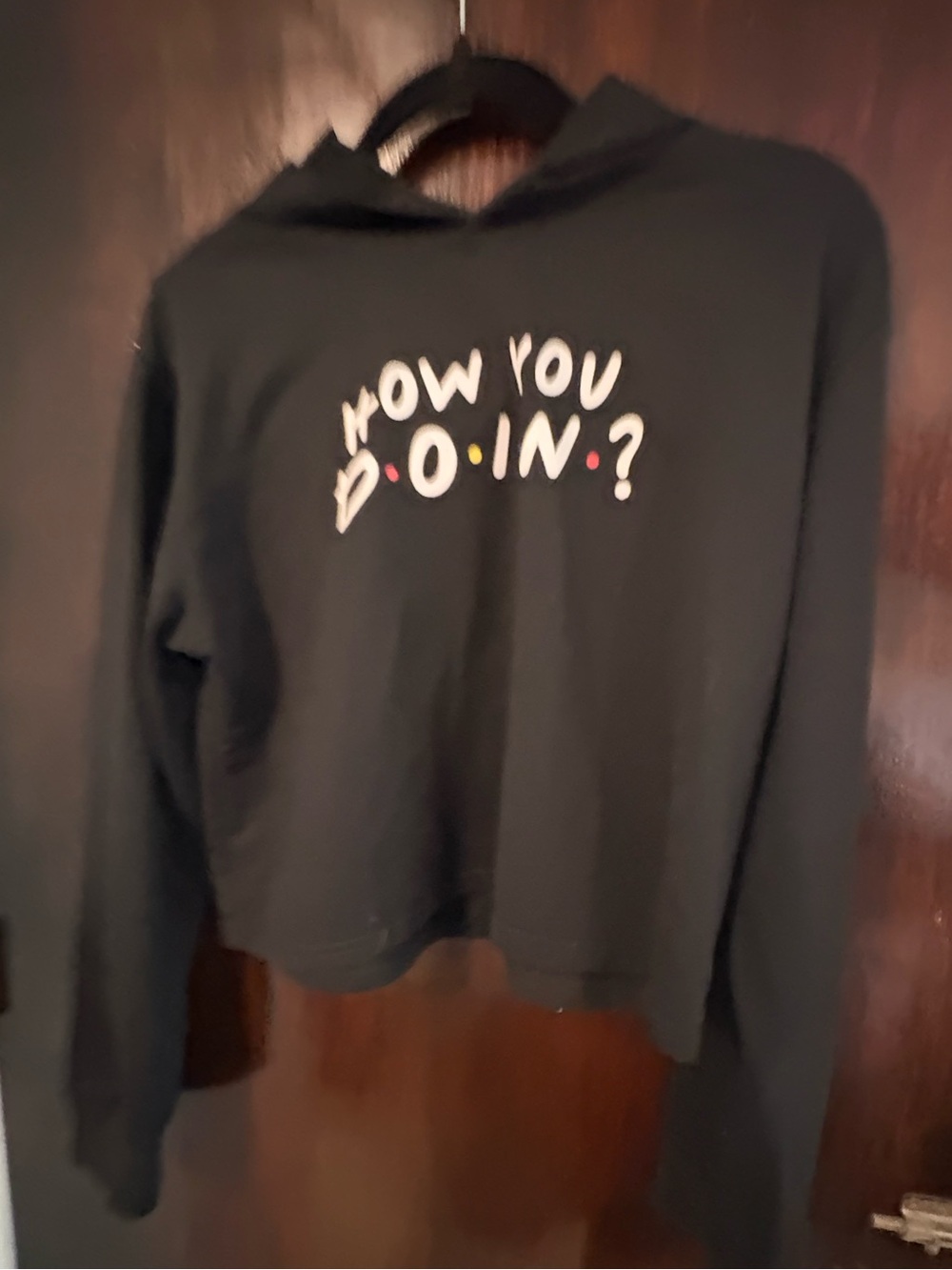 FRIENDS Black Cropped Hoodie with 'How You Doin?' Size XL.